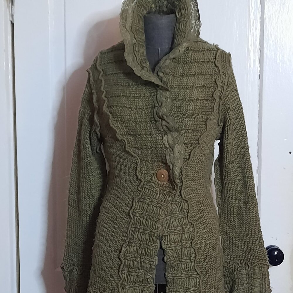 Elvin Green Fairycore Chico's Long Wool Blend Cardigan Embellished Lagenlook, 10